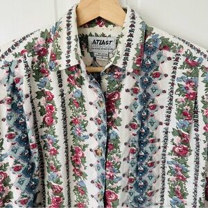 Vintage 90’s AT LAST Cotton Button-up Shirt Floral Striped Cottagecore Size M
